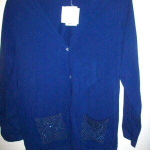 Quacker Factory Rhinestone Pocket Boyfriend Cardigan Royal Blue LG NWT